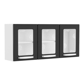 Armário Aéreo p/ Cozinha Evidence 7009 3 Portas c/ Vidro 120cm Branco/Preto - Bertolini em Oferta na Shopee