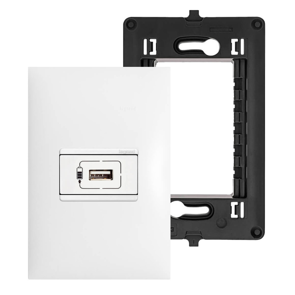 Kit Completo Carregador USB Tipo-A 3000mAh Com Placa e Suporte 4x2 PIAL Plus+ Legrand