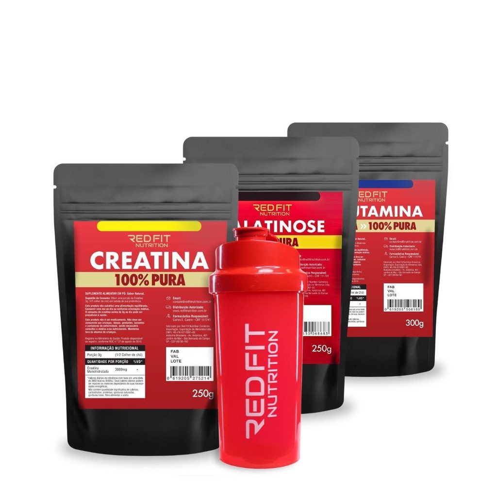 Creatina 250g L-Glutamina 300g Isomaltulose Palatinose 250g - 100% Pura Matéria-Prima Importada - Red Fit Nutrition