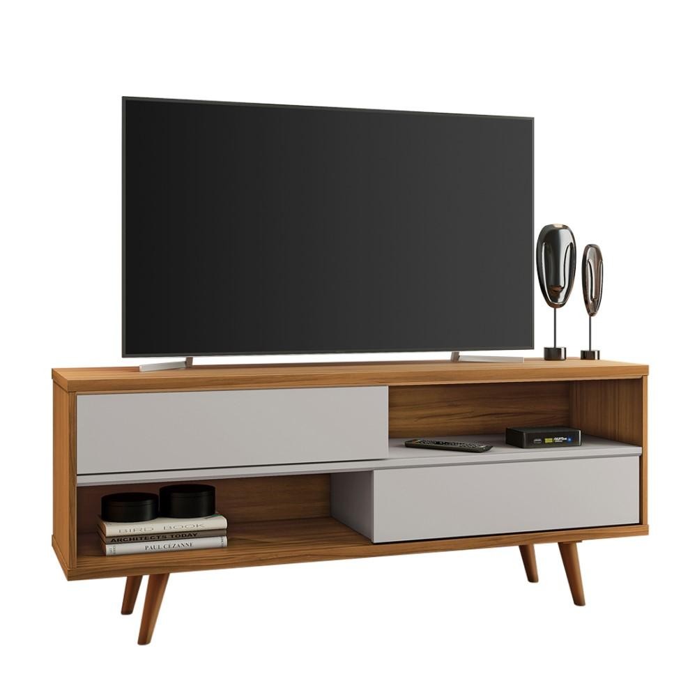 Rack Bancada Home Para TV Até 50 Polegadas 2 Portas Sala de Estar Marrom Madeira e Off White