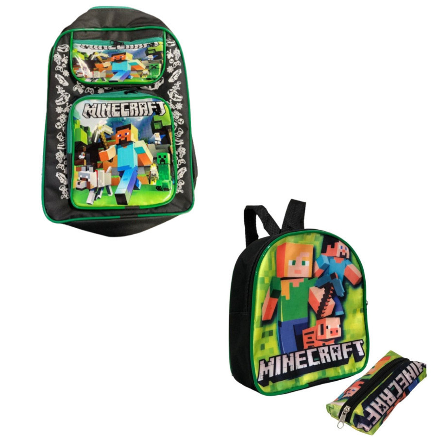 Kit Mochila de Costas Grande Escolar Para Meninos Minecraft Personagem Jogos Qualidade Três Bolsos + Lancheira e Estojo