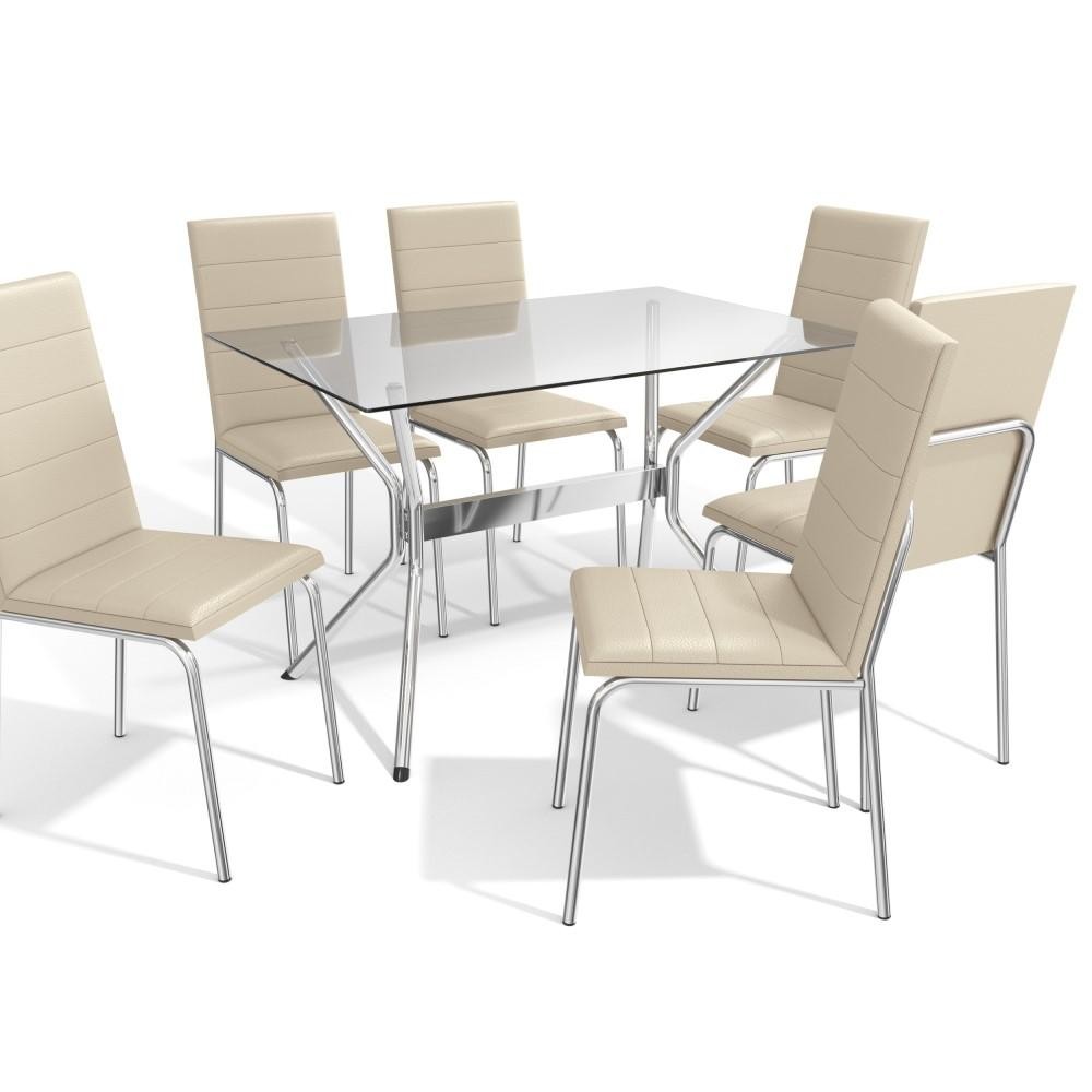 Kit Conjunto Mesa 6 Cadeiras 120 x 80 cm Sala de Jantar Cozinha Vidro Metal Cromado Nude