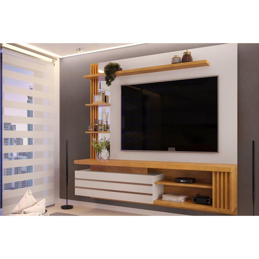 Painel Home p/TV até 55 Polegadas Marin c/ Prateleiras e Bancada 160x153cm Bali/Cedro - DJ Móveis - Home & Living