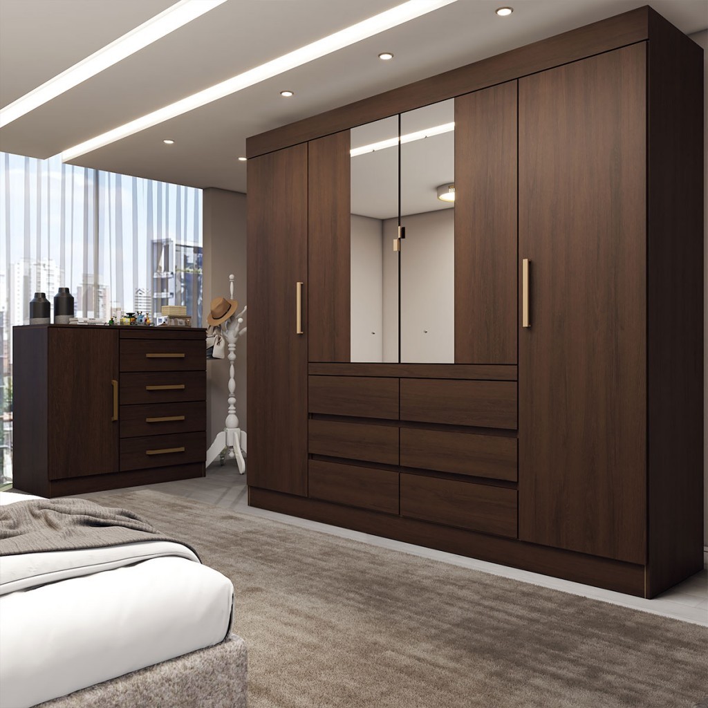 Guarda-Roupa Casal Honey 4 Portas 6 Gavetas 1 Porta 4 Gavetas Espelho - Home & Living