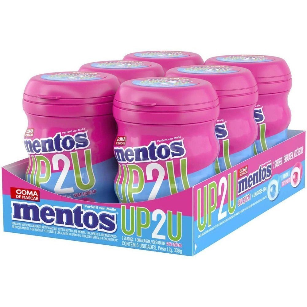 Goma de Mascar Tutti Frutti ou Menta Zero Açúcar Mentos UP2U Pote 56g 28 Unidades
