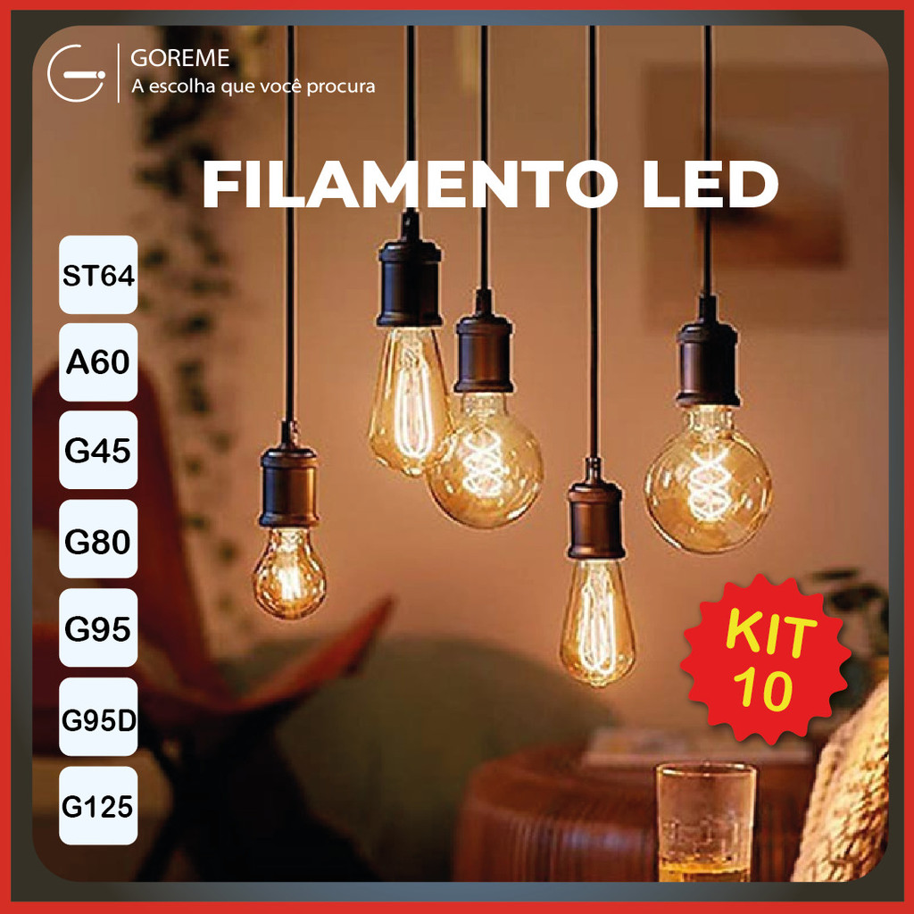 Kit 10 Lâmpada Filamento LED E27 Luz Quente 4W  Âmbar Retrô Vintage Bivolt | G45 | A60 | ST64 | G80 | G95 | G95D | G125 - Home & Living