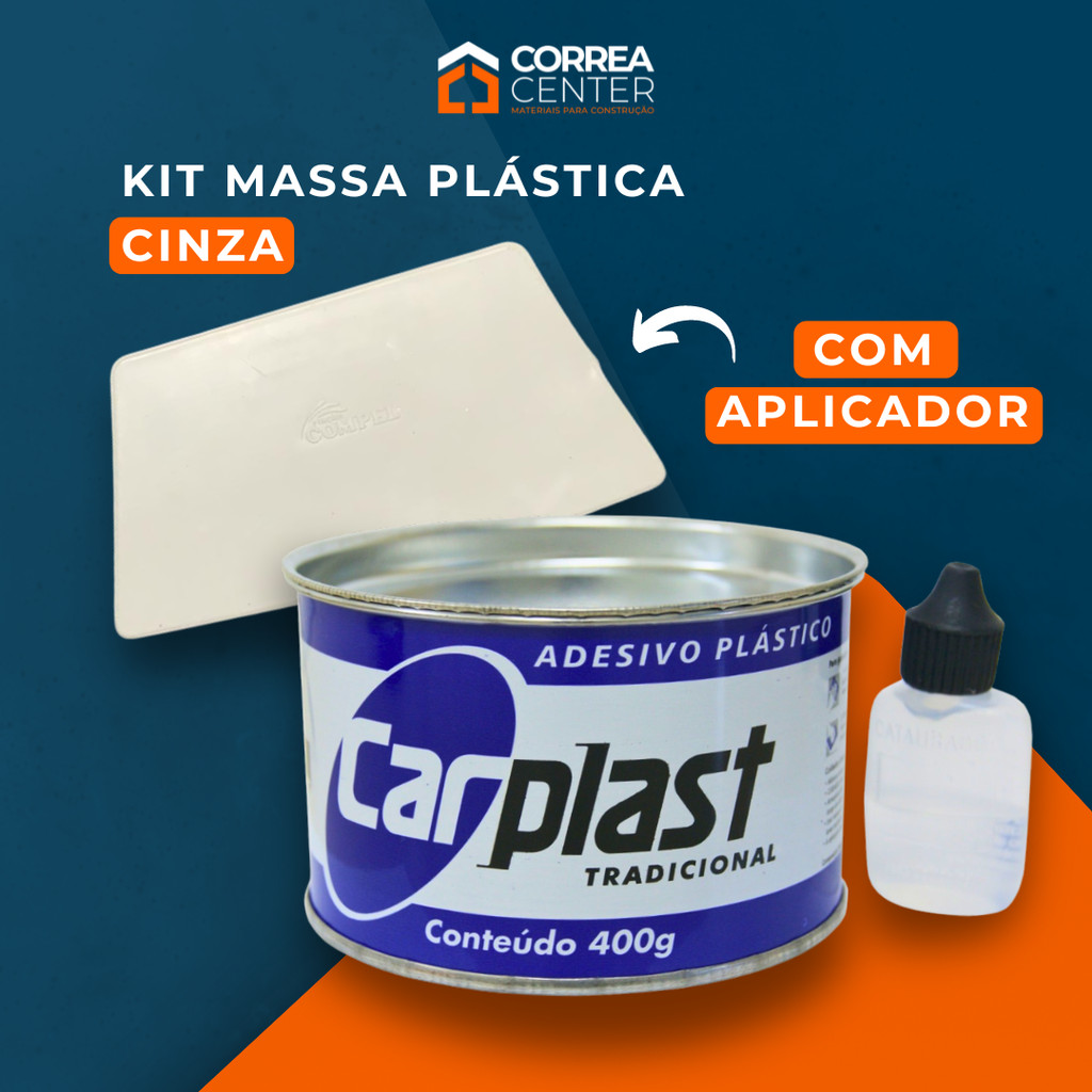 Kit Massa Plastica Cinza Com Aplicador Espatula Adesivo Plastico 400g Com Catalisador Funilaria Carro Multiuso