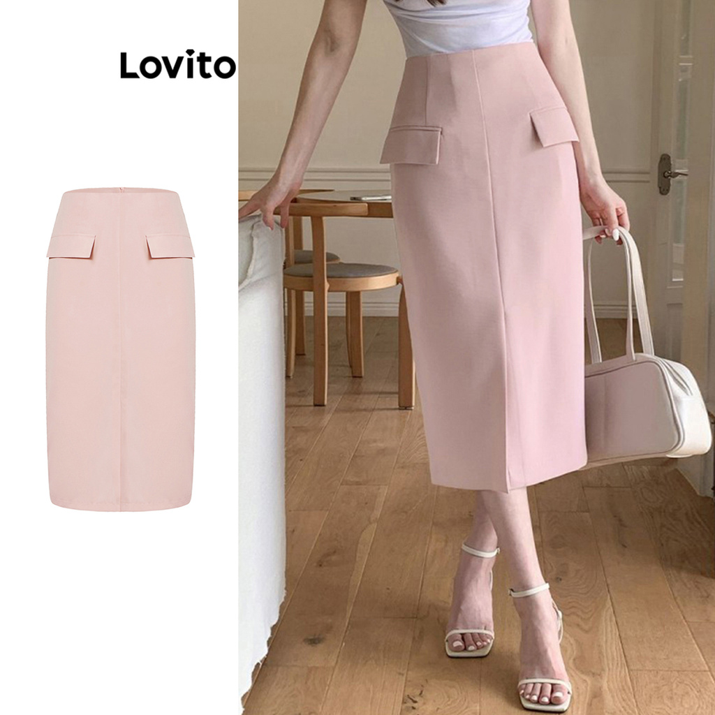 Lovito Saias casuais simples com bolso falso para mulheres L100MD085