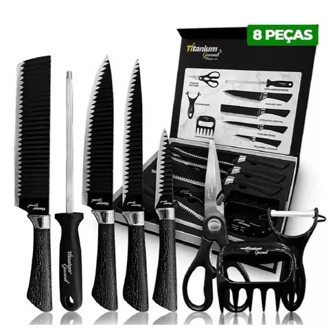 Jogo de Facas Titanium 8 Pçs Premium Gourmet Inox Churrasco