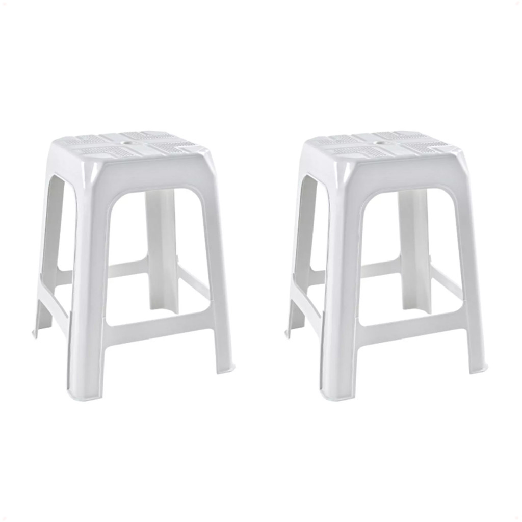 2 Banquetas Banco Plástico Resistente Branco Empilhável 46CM