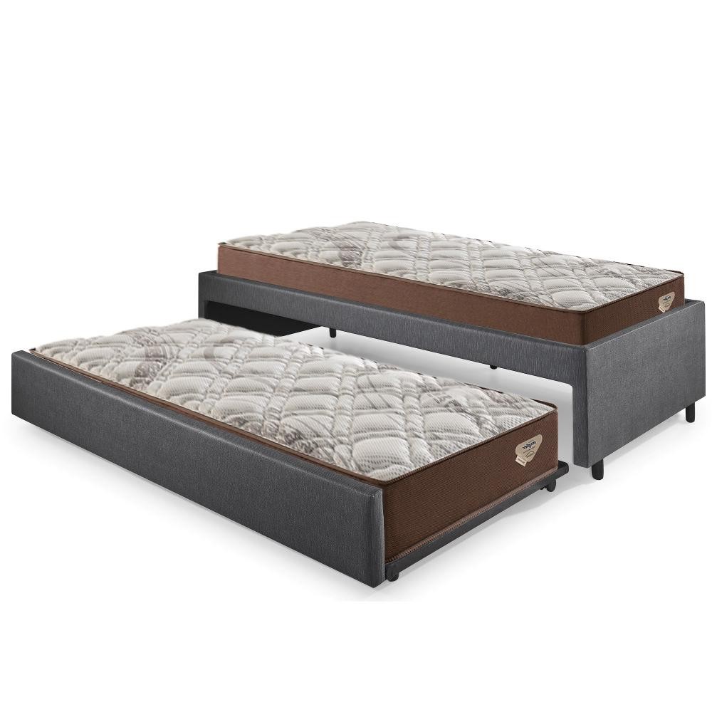 Bicama Box Solteiro 99x199 Courino Linho Preto com 2 Colchões Relax Adorabile Molas Ensacadas Ecoflex