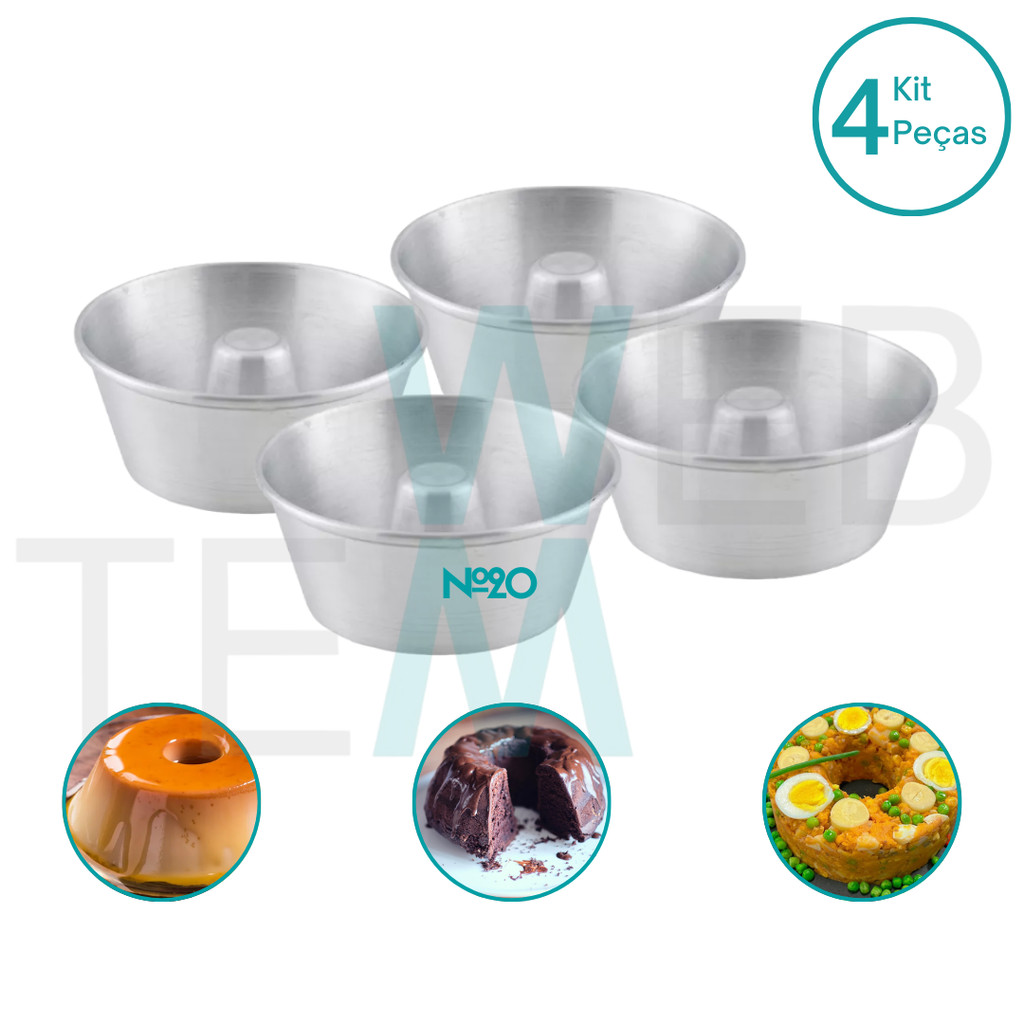 Kit 4 Formas de Pudim 8x20cm de Alumínio Sustentável para Bolos com Furo, Cuscuz,  Pudim, Manjar, Brigadeirão e Sobremesas, Cozimento Uniforme, Fácil Limpeza e Durabilidade, Ideal para Cozinhas Residenciais e Profissionais