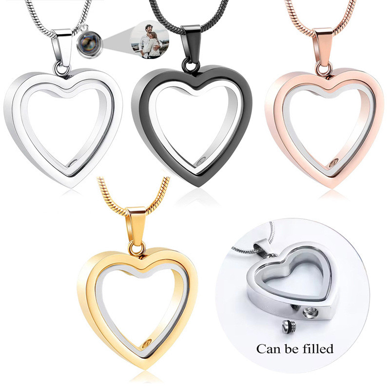 colar de aço inoxidável, colar para cinzas de animais de estimação com pingente de vidro, urna em forma de coração para
