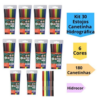 Kit 30 Estojos Canetinha Caneta Hidrográfica 6 Cores Hidrocor Infantil 180 Canetinhas Esc…