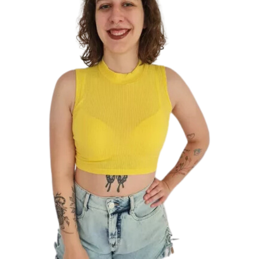 Blusa Cropped Slim Gola Redonda Canelada Sem Mangas Scheiny