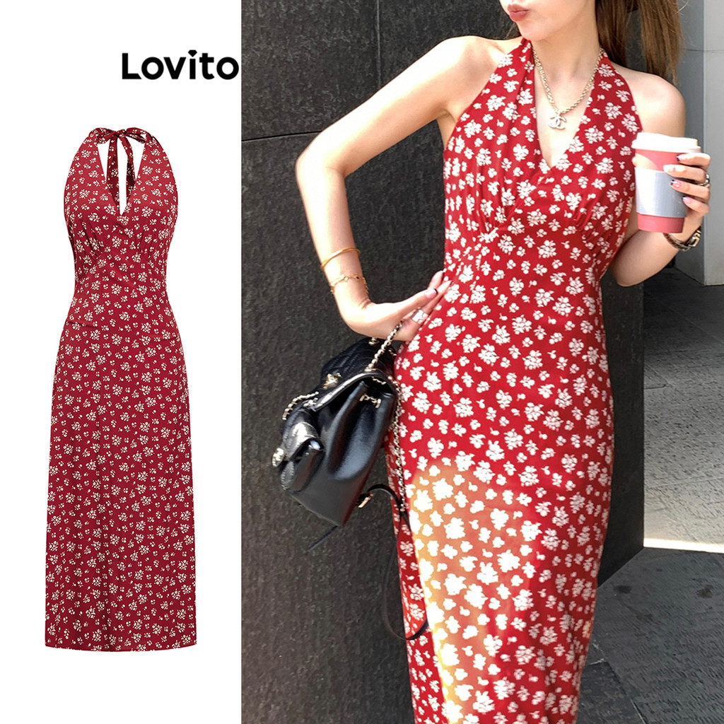 Lovito Vestido Romântico Ditsy Floral Flowers Vestido Plissado Com Amarração Nas Costas Para Mulheres L106AD891 - Women Clothes