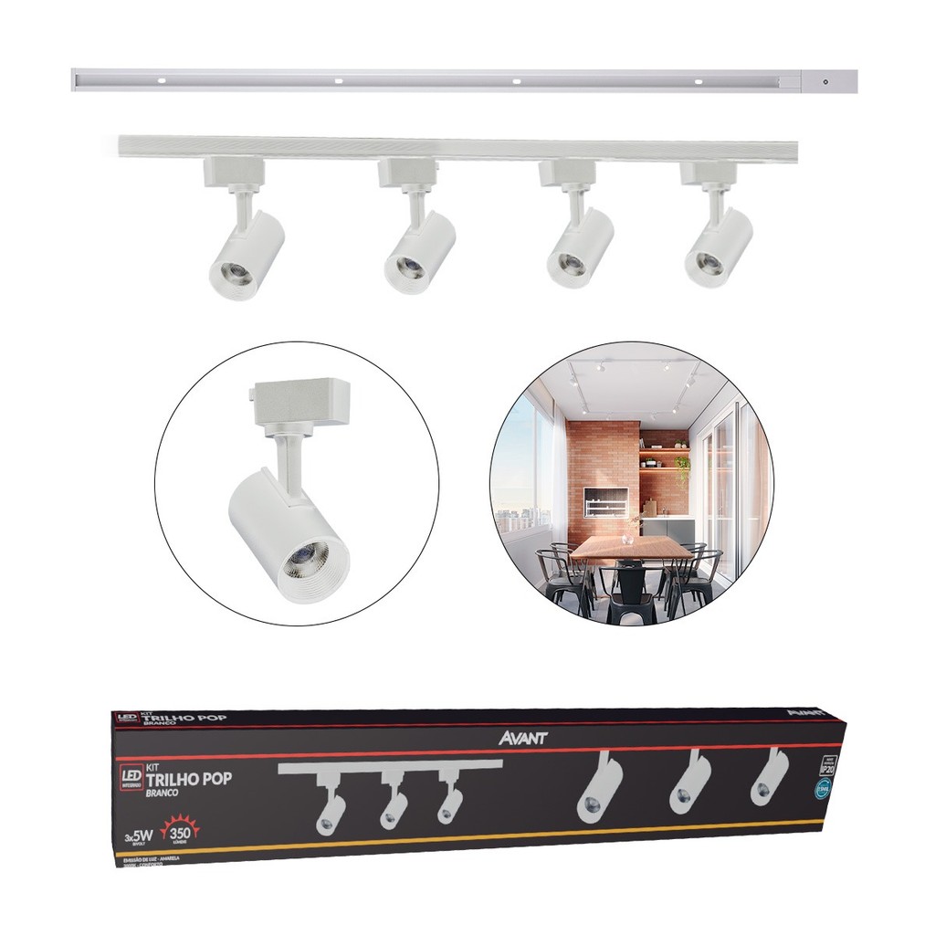 Kit trilho Eletrificado 4 Spot Led + 1 Metro de Trilho Pop 20w 3000k Branco Quente 110v/220v Branco Cod: 251931388-1