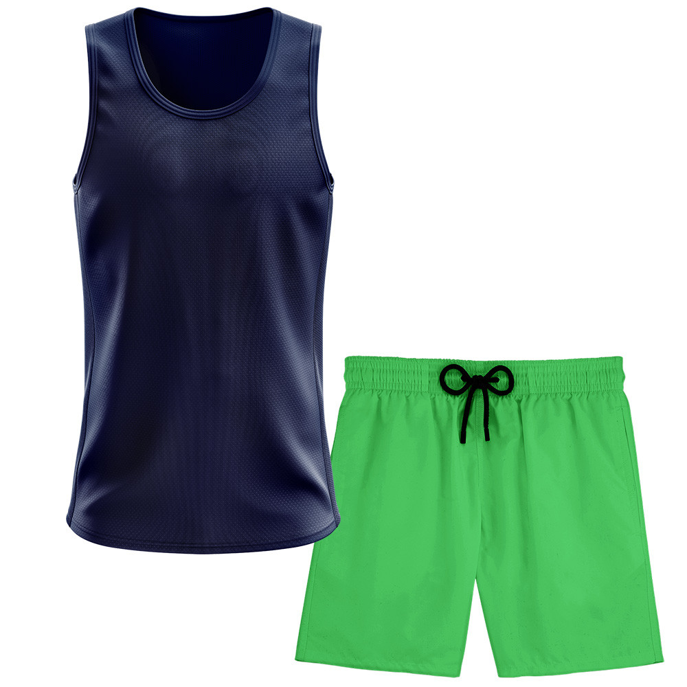 Kit Short Praia Academia Passeio Treino Verde + Regata Masculina Lisa Básica Dry