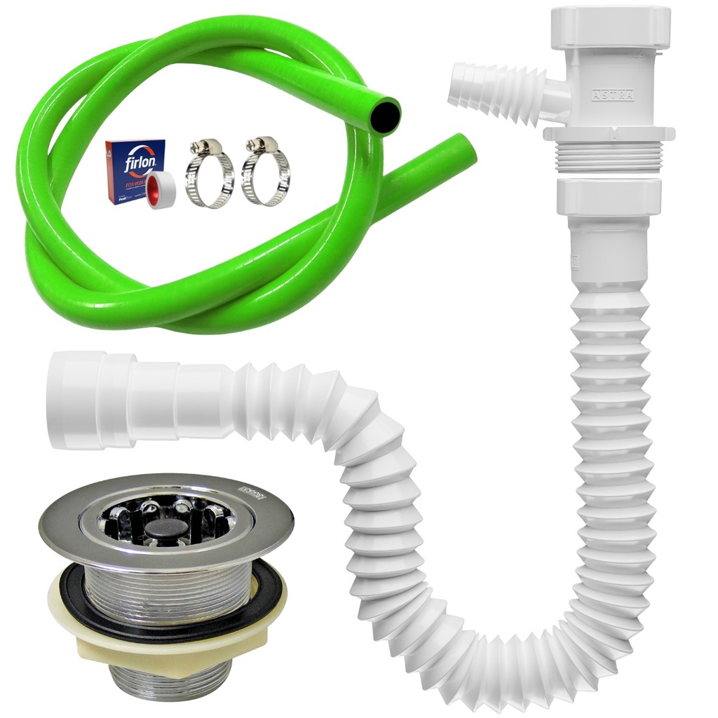 Kit Adaptador Para Máquina de Lavar Louça com Mangueira Válvula Americana e Sifão Sanfonado Universal Abraçadeira 1"