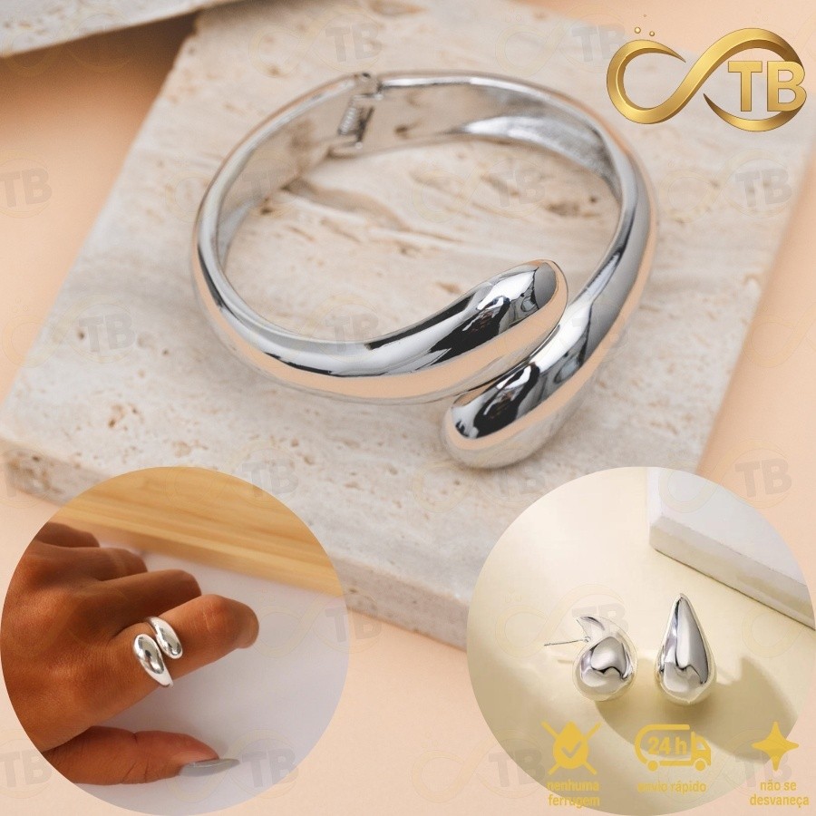 TB Conjunto Pulseira Anel Brincos de Metal Exagerada em Ouro com Design de Gota de Água – Acessório em Oferta na Shopee