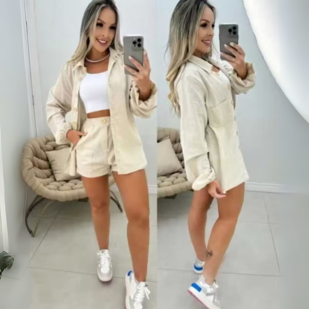 Conjunto de camisa manga longa e short femenina bege.
