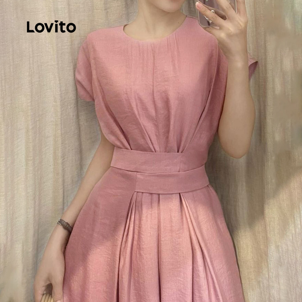 (Trendy) Lovito Vestido Casual liso com cinto para mulheres L131LD1014 em Oferta na Shopee