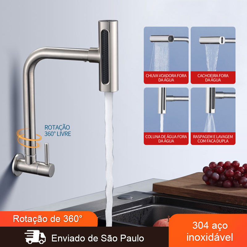 Torneira de cozinha giratória 360°, de aço inoxidável 304 Prata Escovado  montada na parede em Oferta na Shopee