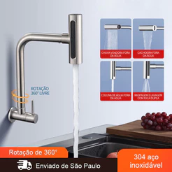 Torneira de cozinha giratória 360°, de aço inoxidável 304 Prata Escovado montada na parede