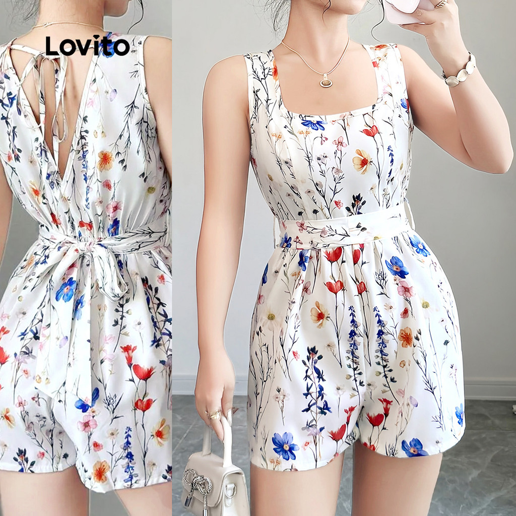 Lovito Macacão Boho com Laço Nas Costas Macacão Macio e Confortável para a Primavera/verão para mulheres L138ED407