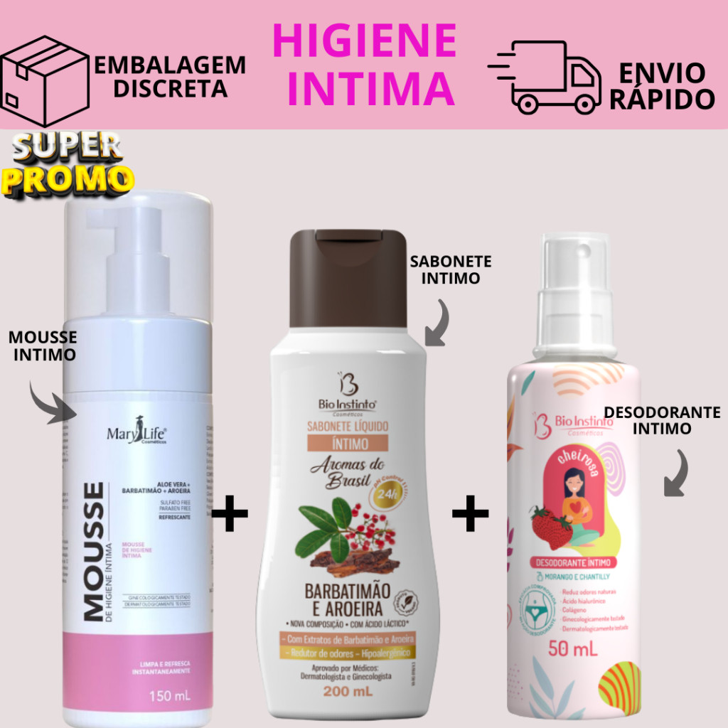 Kit Higiene Sabonete intimo feminino Barbatimão e Aroeira + Desodorante intimo feminino Bio Instinto + Mousse Higiene
