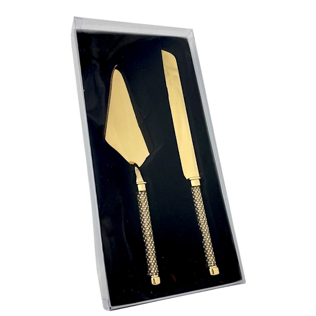 02 Talheres Bolo Dourado Espátula Faca Cabo Strass Wolff