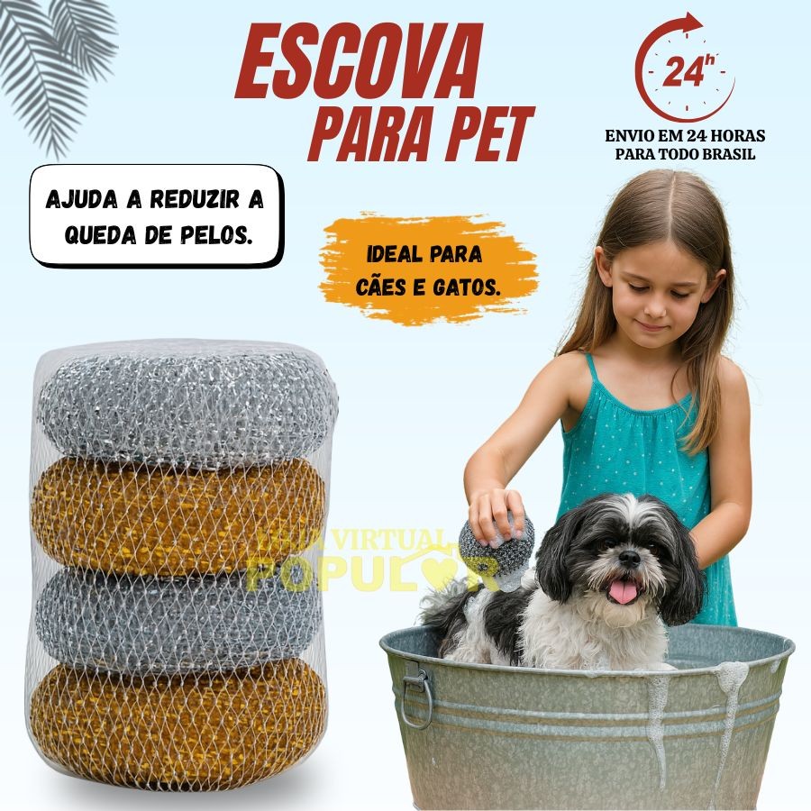 Kit Escova Removedora de Pelos Pet Escova Aço Para Gatos e Cachorros