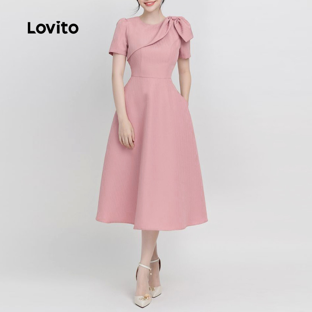 (Trendy) Lovito Vestido Elegante Rosa Primavera/Verão Com Nó Liso Para Mulheres L134LD123 em Oferta na Shopee