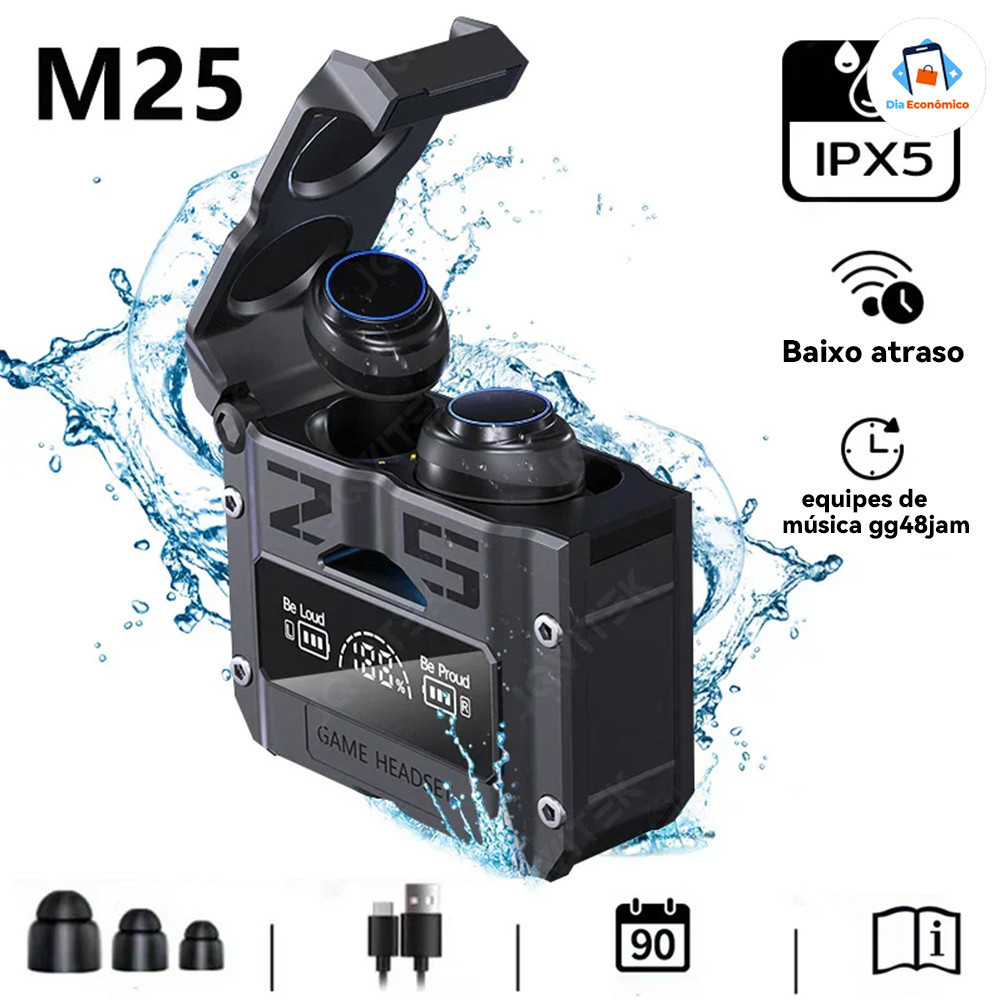 Bluetooth 5.3 Fone De Ouvido TWS M25 Sem Fio À Prova D'água 9D Stereo Sports Earbuds LED Microphoe Novo em Oferta na Shopee