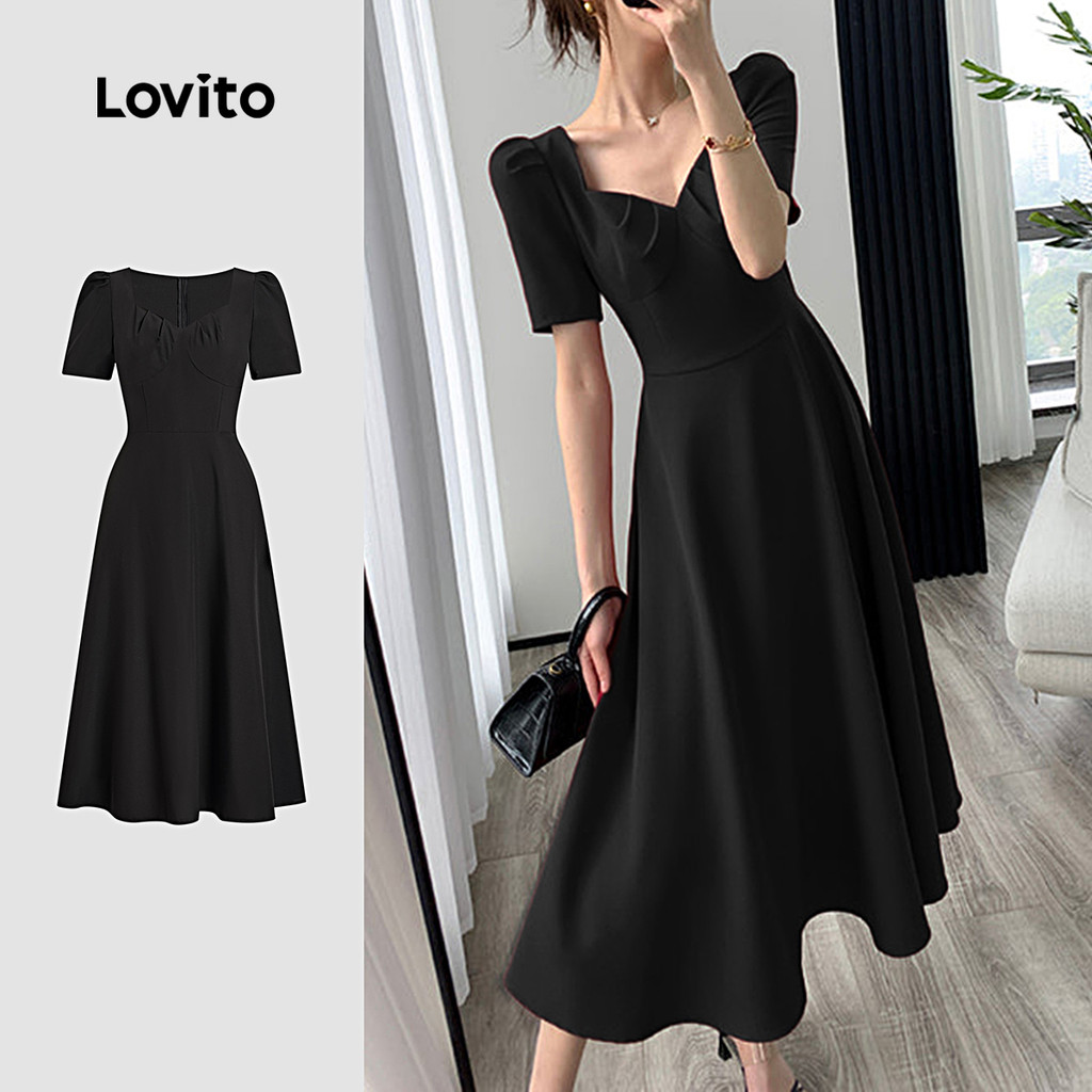 Lovito -  Vestido Casual de Estrutura com Franzido Primavera/verão Preto para Mulheres L137ED720