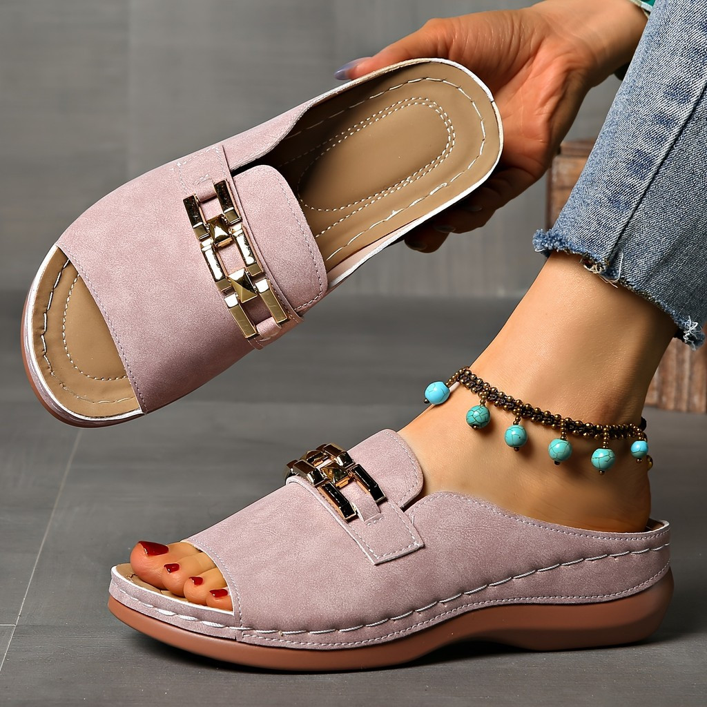 Sandálias De Cunha Femininas , design De Corrente De Metal-Sapatos Casuais De Plataforma De Moda Conveniente ,