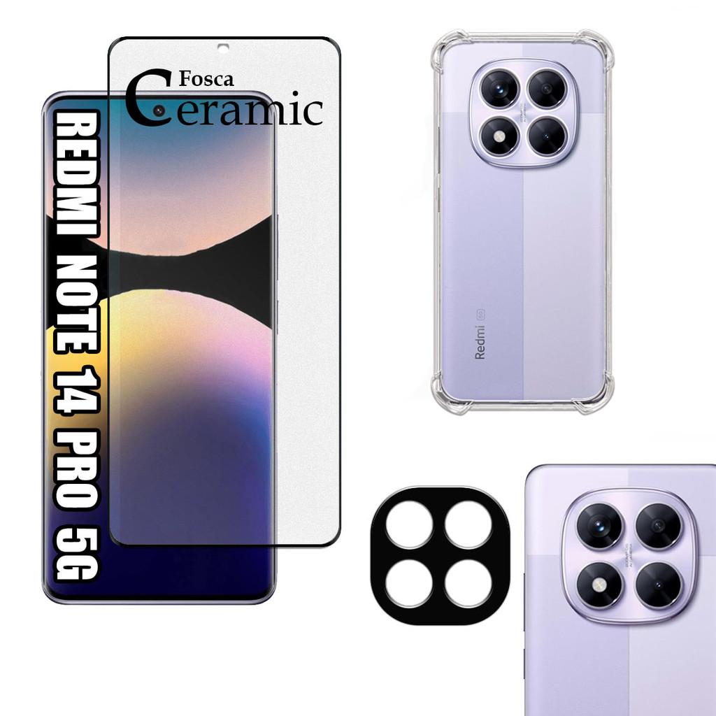 KIT Para Xiaomi Redmi Note 14 Pro 5G - Película Fosca de Cerâmica 9D - Capa - Câmera