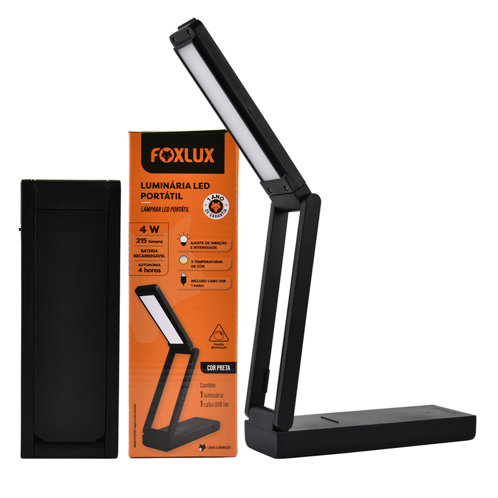 Luminária de Mesa e Escrivaninha LED Portátil 4W Preto Foxlux