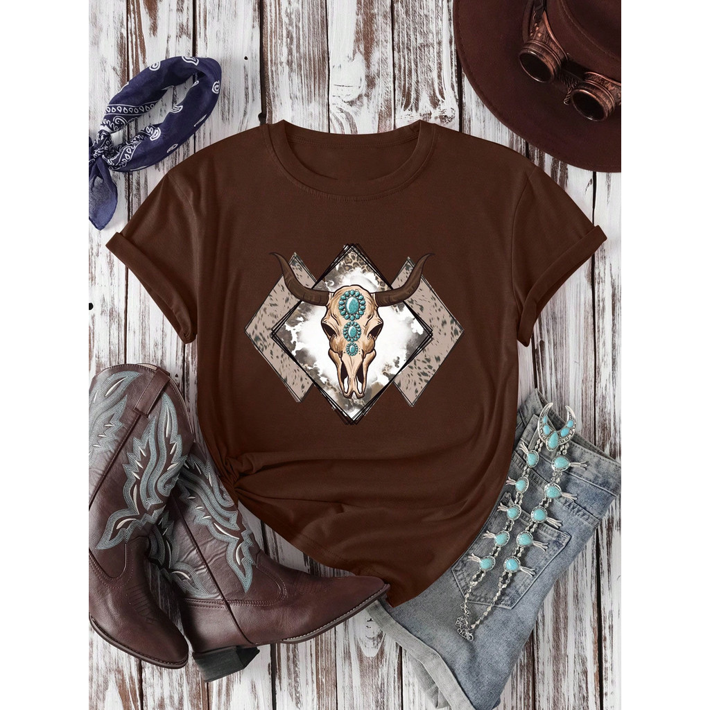 Tshirt Feminina Estilosa Estampada Boi Country Cowngirl Lançamento Camiseta 100% Algodão Camisa Oversized Plus Size