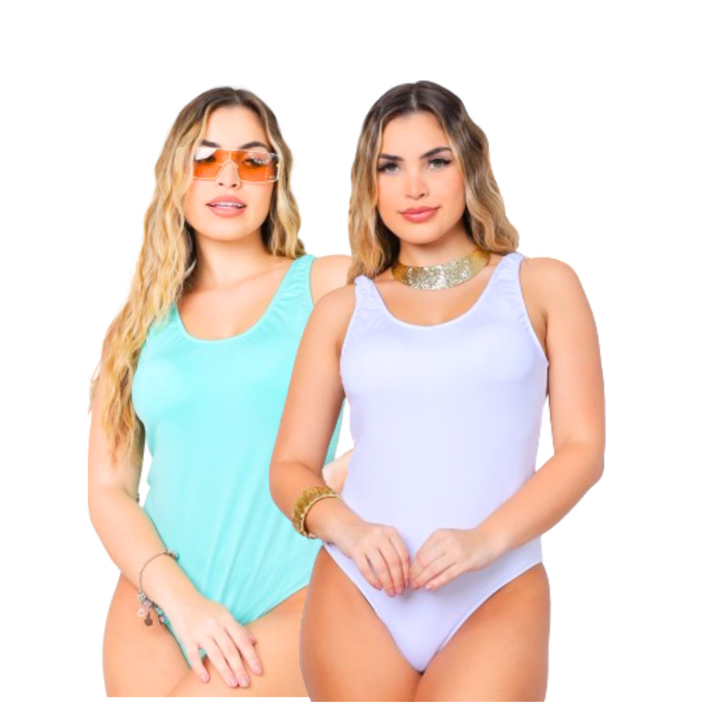 Kit Com 02 Body Maguel Branco + Verde Maiô Moda Praia Verão