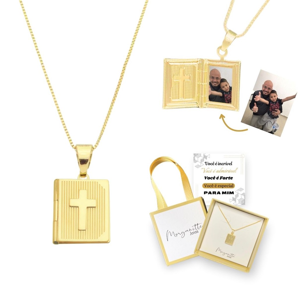 Relicário Biblia Colar Masculino Ouro 18k Personalizado fotos Banhado relicario masculino 60cm