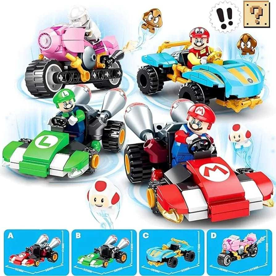 Kit 4 Bonecos Blocos de Montar Mario Kart Carrinho Luigi Princesa +300 Peças