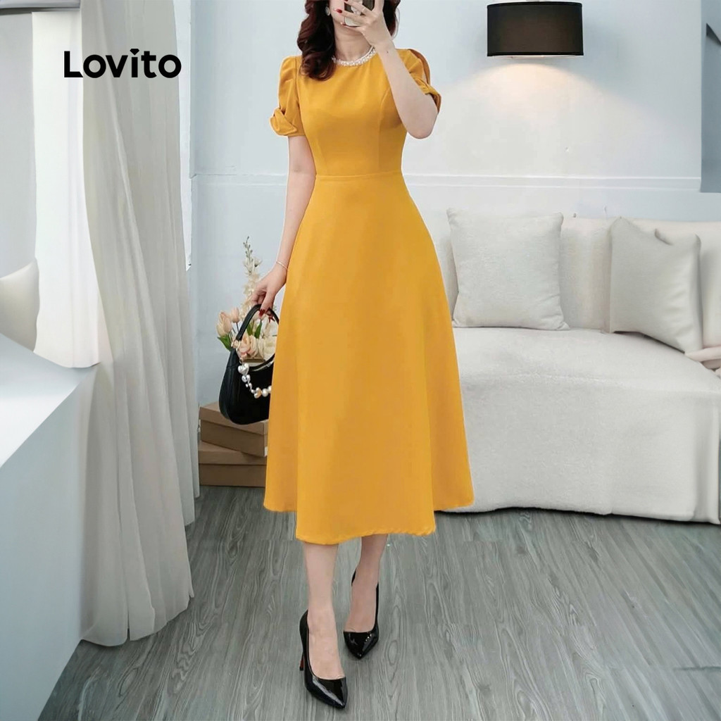 (Trendy) Lovito Vestido Elegante Liso Plissado Para Mulheres L133ED1159 - Women Clothes