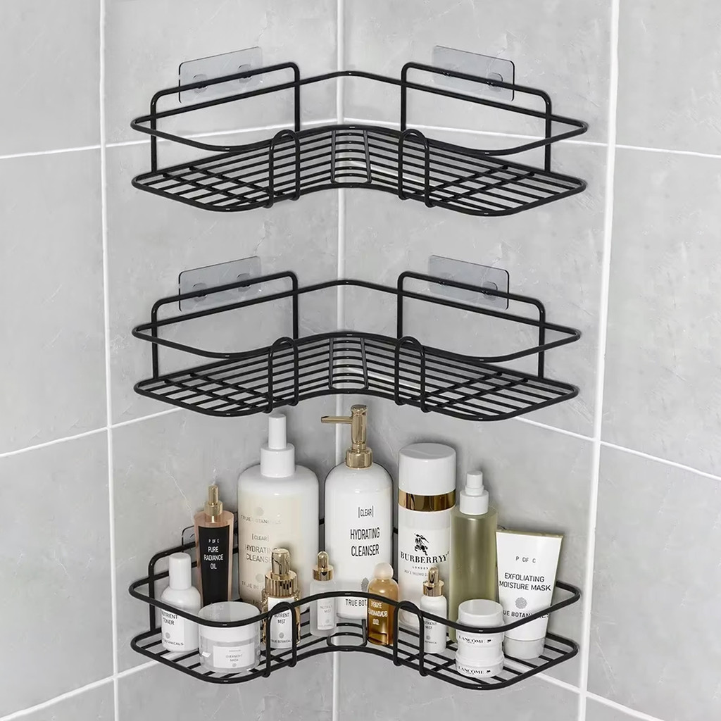 Kit 3 Prateleiras Cantoneira Banheiro E Cozinha Adesiva Metal Porta Shampoo Sem Furos Organizador De Canto