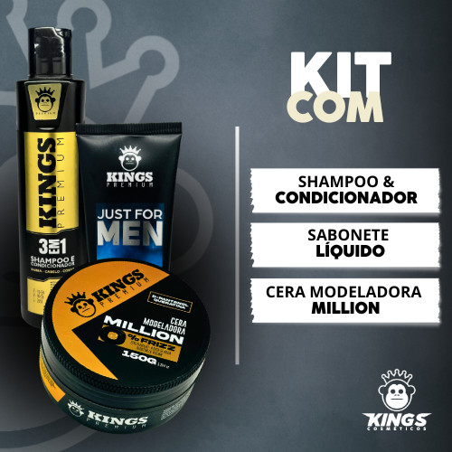 KIT PRESENTE KINGS - SHAMPOO Presente Dia dos Pais: Shampoo 3 em 1, Sabonete e Cera com Perfume Million