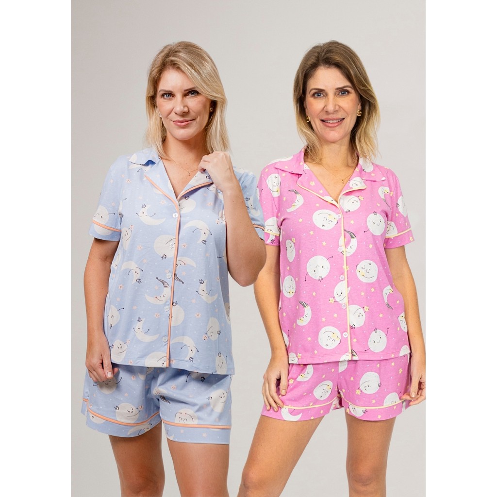 KIT 2 Pijamas Americanos Curtos Feminino Algodão Verão Estampa: Lua Azul + Lua Rosa