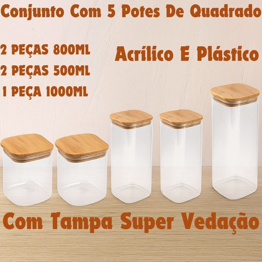 Conjunto Com 5 Potes Plástico E Acrílico Quadrado 1000ml 800ml E 500ml Com Tampa Super Vedação