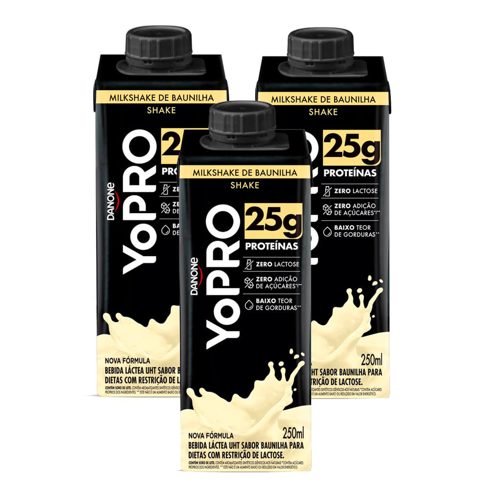 Kit 3 YoPRO Bebida Láctea UHT Milkshake de Baunilha 25g de proteínas 250ml - Health