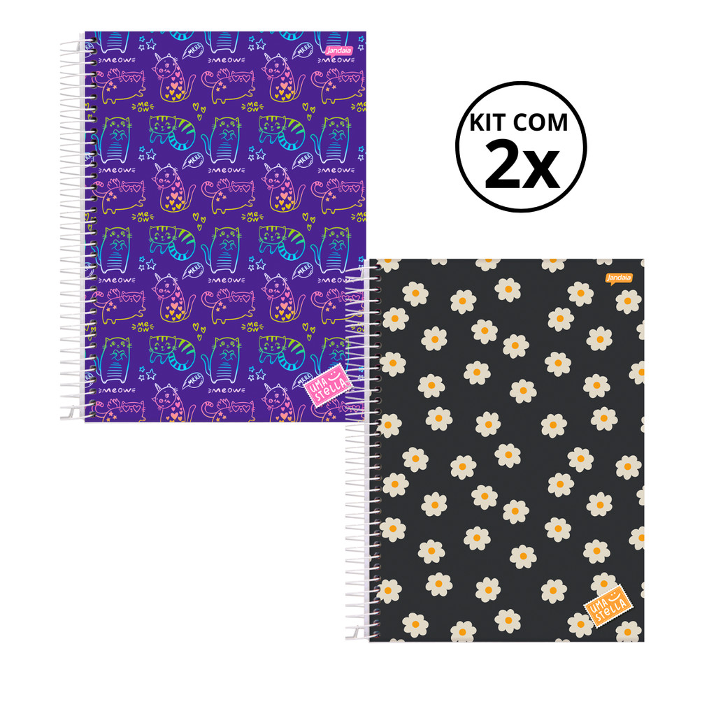 Kit 02 Cadernos Universitário 20 Matérias 320 Folhas Stella - Jandaia CAPA:Gato/Flor em Oferta na Shopee
