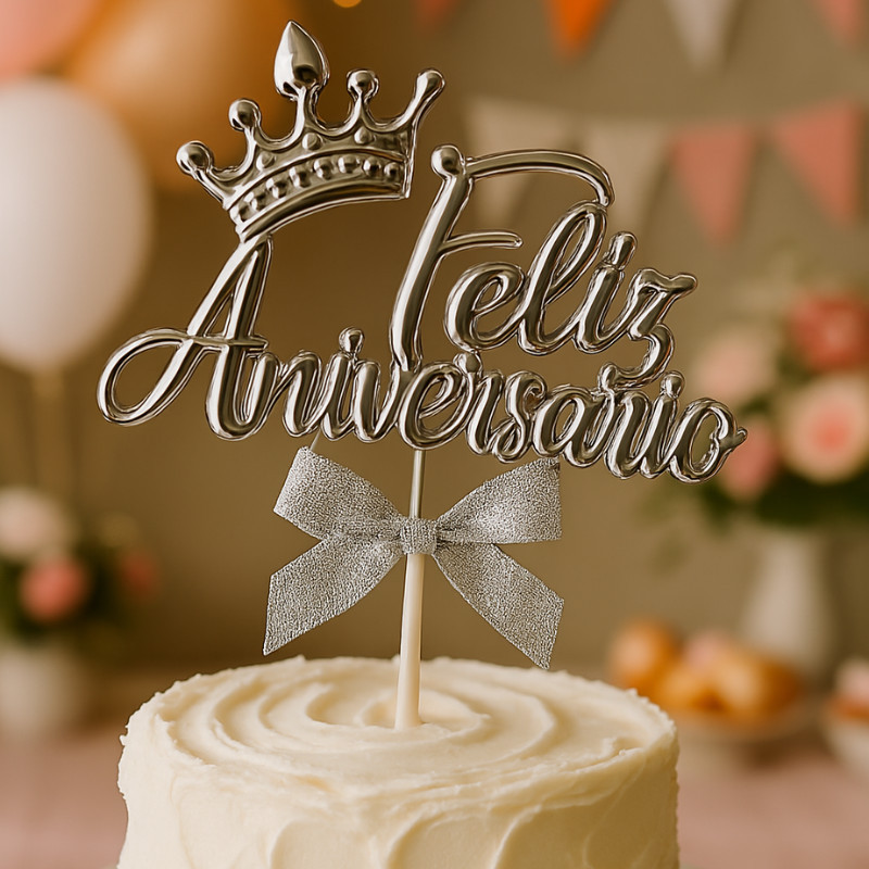 Topo de Bolo Topper Escrito Feliz Aniversario com Coroa 5 Cores em Oferta na Shopee